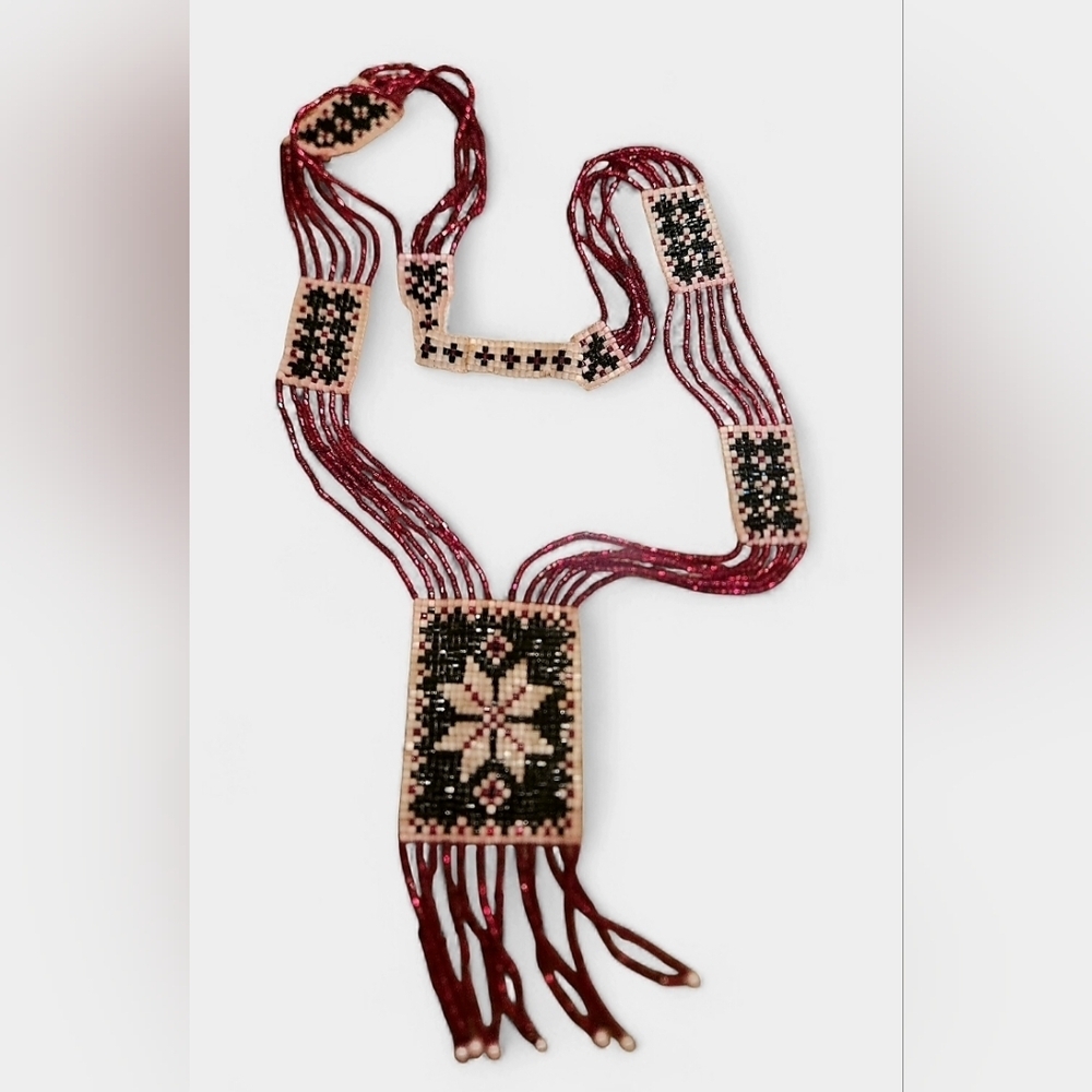 Vintage Native & Southwestern Inspired Glass Beaded Fringe Necklace.Ruby/Black